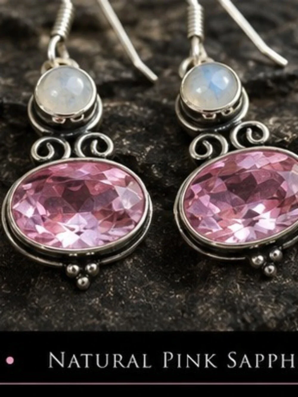 925 Sterling Silver Moonstone Pink Sapphire Earrings Natural Gemstone Dangle